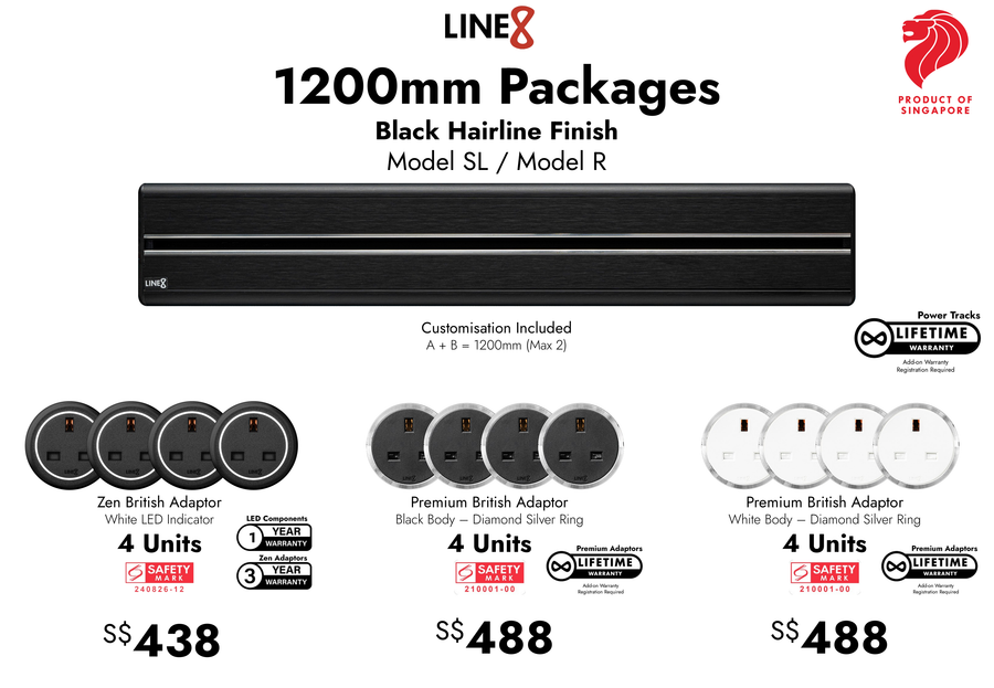 Line8 1200mm Package, Black Hairline Finish, Model SL / Model R power track with British adaptor options