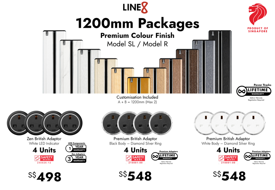 Line8 1200mm Package, Premium Colour Finish, Model SL / Model R power track with British adaptor options
