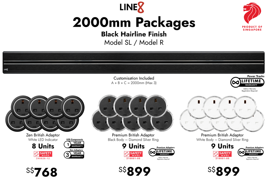 Line8 2000mm Package, Black Hairline Finish, Model SL / Model R power track with British adaptor options