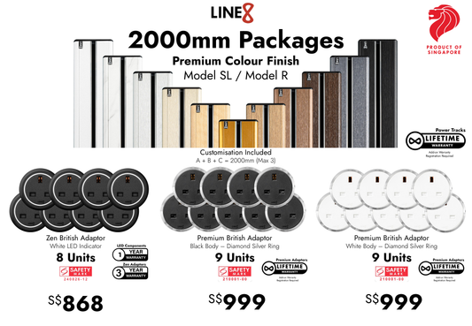 Line8 2000mm Package, Premium Colour Finish, Model SL / Model R power track with British adaptor options