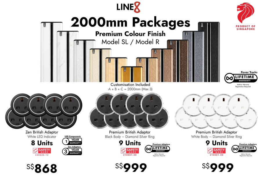 Line8 2000mm Package, Premium Colour Finish, Model SL / Model R power track with British adaptor options